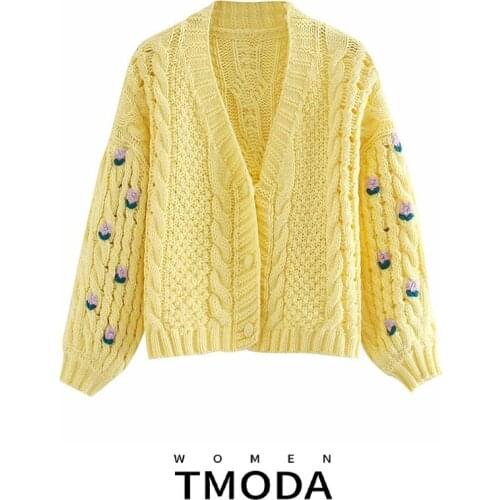 TMODA1609 Za 2021 Women Puff Sleeve Hand Crochet Cardigan Streetwear V neck Long sleeve Knitted Cropped Sweater Yellow Tops