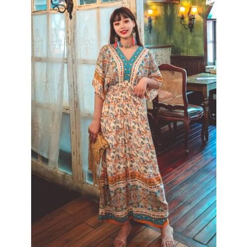 Summer New Womens Nepalese Ethnic Style Retro Printing Is Thin Bohemian Travel Beach Style Long Dress Seaside Holiday Dress