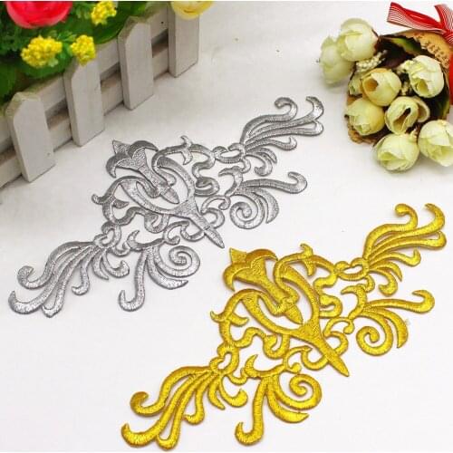 Gold Embroidered Patches Iron On Flower 10 Pcs Vintage Diy Trims Shiny Metallic Gold And Silver 20.5cm*10cm
