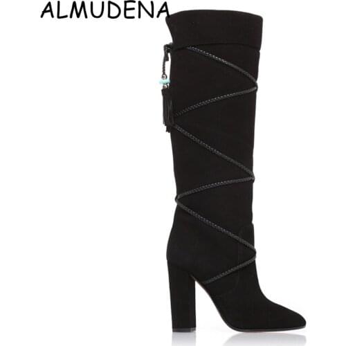 Black Browm Solid Nubuck Convolve Tie Fringe Chunky Square Heel Long Boots Fashion Casual National Style Shoes