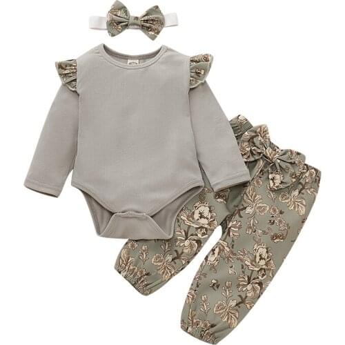 Baby girls long sleeve romper Flying sleeve knitting jumpsuit Flower Pants Headband suits Spring autumn cotton clothing set