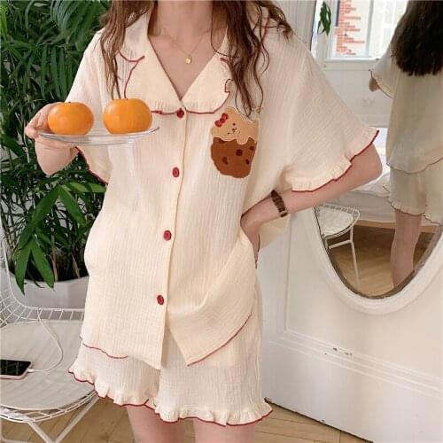 Cartoon Print Summer Pajamas Set Women Kawaii Funny Bear Home Suit Loose Single Breasted Shirts + Shorts Set Homewear