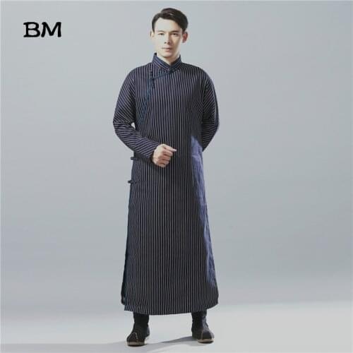 2020 Chinese Style Costumes Mens Cotton Linen Long Gown Gowns Shirt Coat Male Stripe Long Sleeve Shirts Robes Overcoat