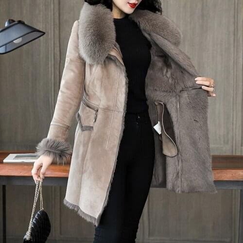 Double Faced Real Leather Jacket Winter Coat Women Fox Fur Collar Natural Sheep Shearling Jackets MY4202