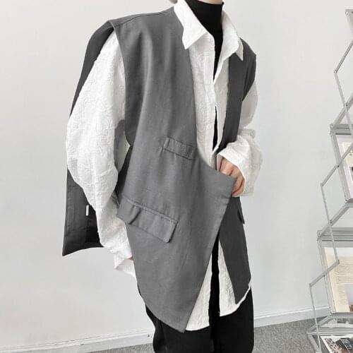 Oversized summer asymmetric design loose and thin waistcoat trendy mens collarless personalized vest buttonless coat