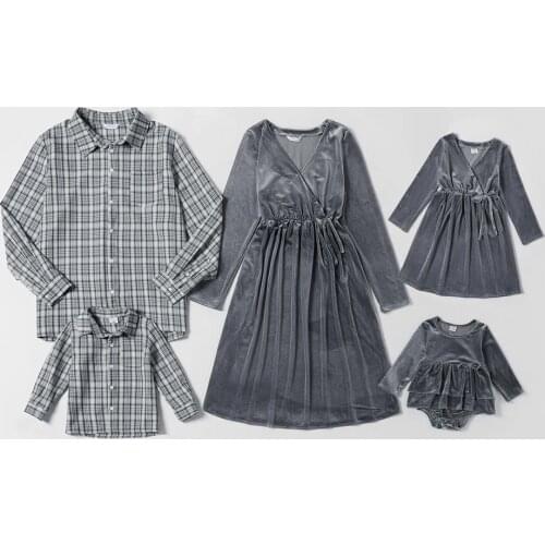 PatPat 2021 New Arrival Spring Mosaic Family Matching Grey Velvet Sets(V-neck Dresses - Plaid Button Front Shirts - Rompers)