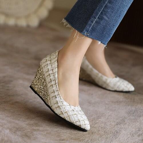 Striped Tweed Cloth Pointed-Toe Woven Wedge Pumps Greet Wood Grain Platform Inner Heightening Wedge Pumps Large Size Blue Shoes