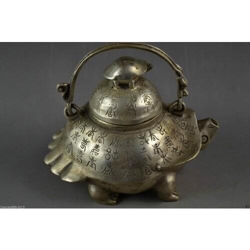 Old Handwork Tibetan Silver Carving God carved Turtle & Chinese Character TeaPot
