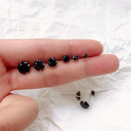 Punk 3/4/5/6/7/8mm Round Stud Earrings Male Female Black Sapphire Earrings 100% Real 925 Sterling Silver Earrings For Men Women