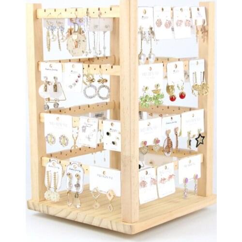 Rotating Wooden Earring Holder Stand Display Necklace Jewelry Organizer Tray Showcase Stand Storage Box