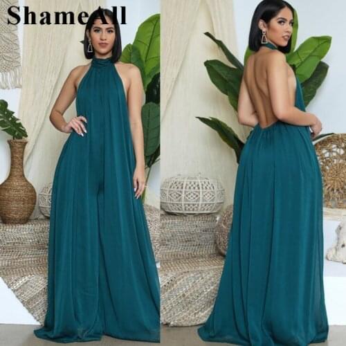 Women Summer Sleeveless Halter Wide Leg Ladies Jumpsuits Backless Chiffon Club Outfits Rompers Womens Loose Pants Lady Overalls