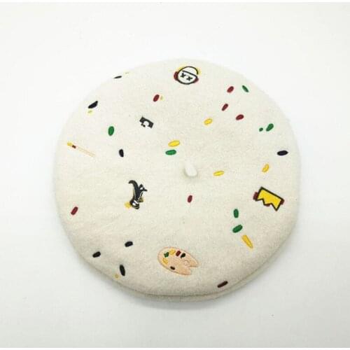 Winter female embroidery cartoon berets Thick warm wool hat Artist round Beret cap French artist Pumpkin