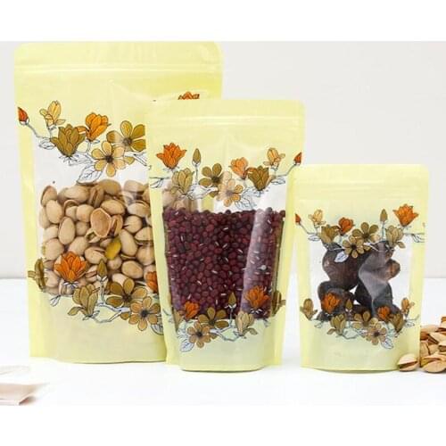 100Pcs Stand Up Flower Printing PET Plastic Ziper Lock Bag Window-waterproof Walnuts Packing Pouch, Resealable Candy Gift Bags