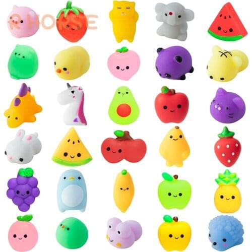 30Pcs Mochi Squeeze Toys for Kids Party Decor Supplies Stress Relief Birthday Gifts Fruits and Animals Shape Kawaii Mini Toys