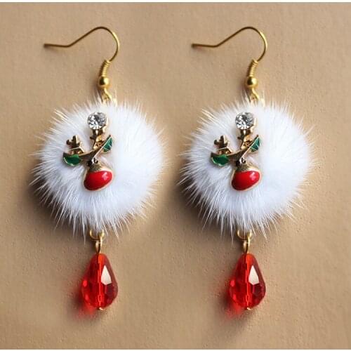 Brand New Year Gift Santa Claus Plum Deer White Velvet Ball Red Crystal Drop Earring Pendant Long Earrings For Christmas