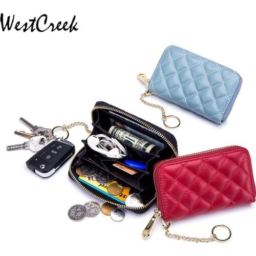 WESTCREEK Brand Womens Soft Leather Lattice Coin Purse Small Multi-function Lady Zipper Mini Coin Bag with Keyring