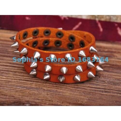 G119 Orange Rock R&B Sharp Studs Triple Wrap Leather Wristband Bracelet Cuff Mens