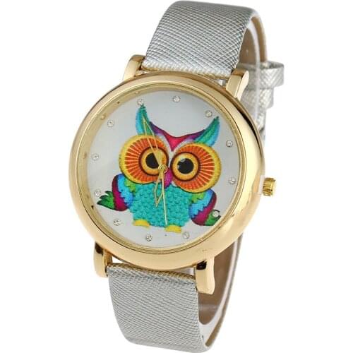 Gnova Platinum Women Watch Big Dial PU Leather Retro Blue Owl Ethnic Fashion Quartz Wristwatch clock para dama Relogio A944