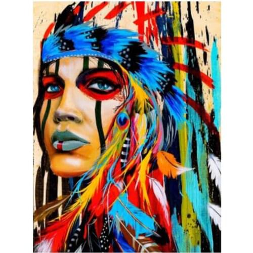 Native American Indian Canvas Woman Girl Colorful Feather 5D Diy Diamond Painting Wall Stickers Home Decoration FC555