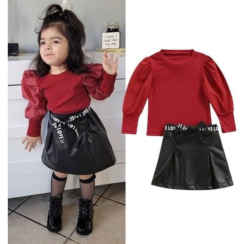 FOCUSNORM 2 Colors Fashion Autumn Kids Girls Clothes Sets Solid Long Puff Sleeve Knit Tops PU Leather Skirts Outfits 1-5Y