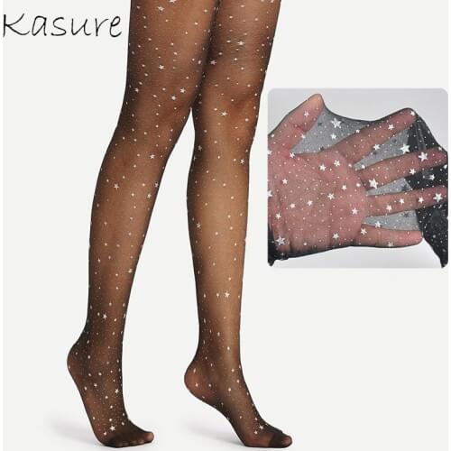 KASURE New Fashion Starry Star Women’s Sheer Black Micro Mesh Legging Transparent Star Printed Patterned Tights For Young Lady