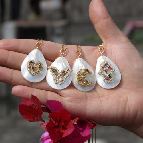 Mix cz moon star hamsa cross blue evil eye heart charm white water drop mother pearl shell pendant choker necklace for women