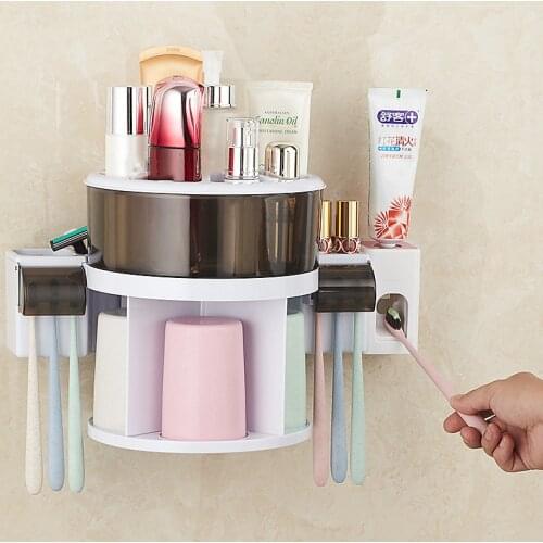 360° Rotation Toothbrush Holder Wall-mounted Automatic Toothpaste Dispenser Bathroom Accessories Set Cosmetic Storage Rack