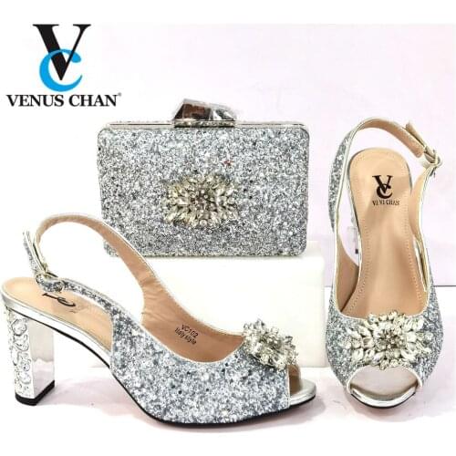 2021 New Arrival Italian Design African Fashon Special Flower Style Decoration Party Ladies Shoes and BagS Set in Silver Color