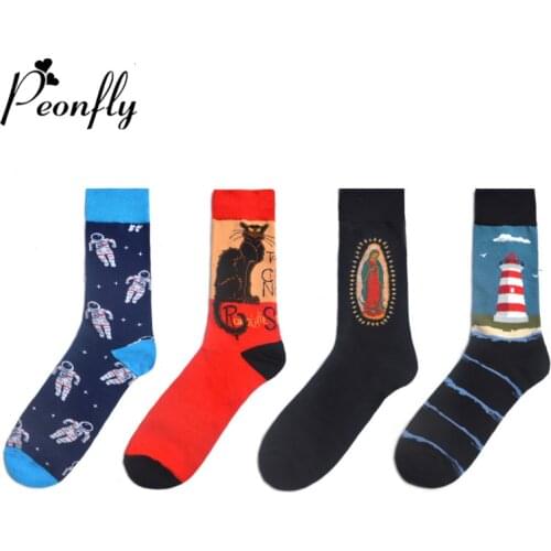Peonfly New 2020 Hip Hop Cotton Mens Harajuku Happy Funny Astronaut Cat Pattern Socks for Male Wedding Christmas Gift