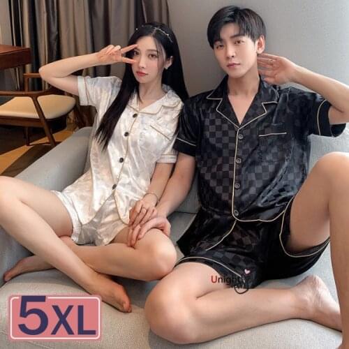 M-5XL 2021 New Summer Short Couple Pajamas Lover Sleepwear Silk for Men Women 2pc Plus Size Short Set Luxury Home Pijama Hombre