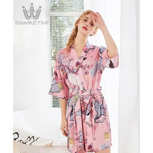 Sexy Sleepwear Silk Satin Night Robe Lady Floral Bathrobe Perfect Wedding Bride Bridesmaid Robes 2020 Summer New Dressing Gown
