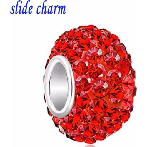 Slide charm Free shipping Valentines Day red clay amulet rainbow red white crystal charm beads fit Pandora bracelet