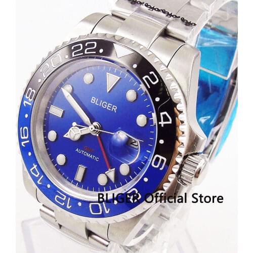 Solid BLIGER Mechanical Mens Watch 40MM Blue Dial Ceramic Bezel GMT Function Sapphire Glass Automatic Movement