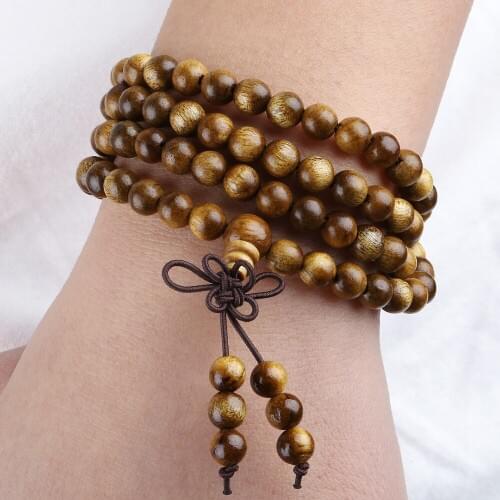SUNYIK 6mm Golden Silk Wood 108 Tibetan Buddhist Mala Bracelet Prayer Beads Necklace Meditation