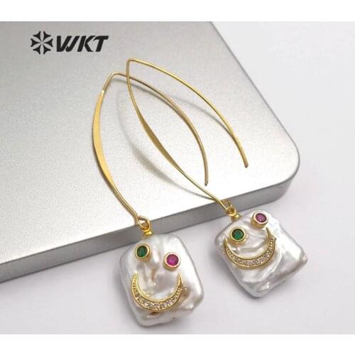 WT-E557 New!!! natural pearl Earrings with gold quadrilateral crown moon stars patterns cz pave Earrings women fashion Jewelry