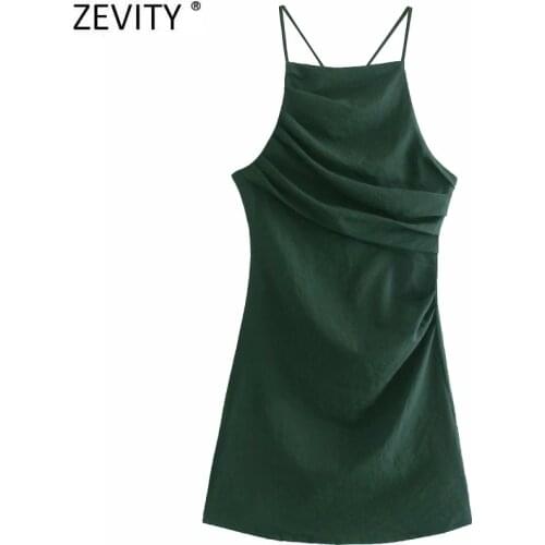 Zevity New 2021 Women Fashion Pleats Design Solid Mini Sling Dress Female Chic Backless Zipper High Street Party Vestidos DS8680