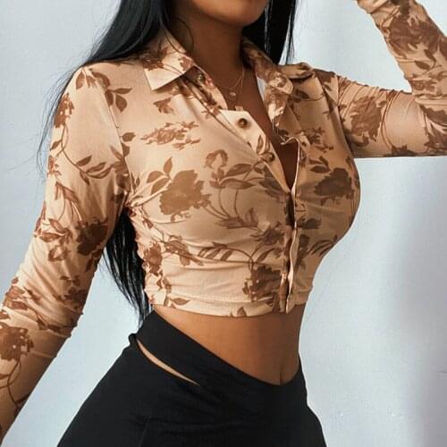 Women lolita shirt Sexy Perspective Print Cropped Tops Single Breasted Turn Down Collar Long Sleeve Korean Style tops mujer