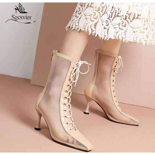 Sgesvier New 2021 Fashion Black Net Fabric Cross strap Sexy high heel Sandals Woman shoes Pumps Lace-up square Toe Sandals