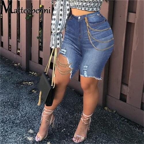 2021 Fashion Sexy Casual Denim Short Jeans With Chain Summer High Waist Cool Punk Shorts Women Ripped Vintage Club Shorts Jeans