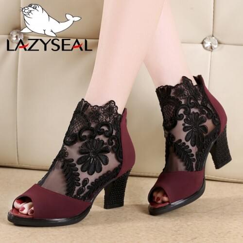 LazySeal Gladiator Shoes Woman Sandals Summer Peep Toe Sandals 7cm High Square Heels Cover Heel Shoes Zipper Mesh Summer Boots