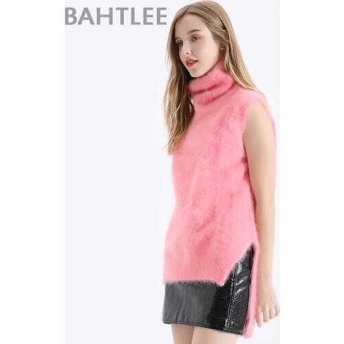 BAHTLEE Autumn Winter Women Angora Sleeveless Pullovers Sweater Pure Color Wool Knitted Split Jumper Turtleneck