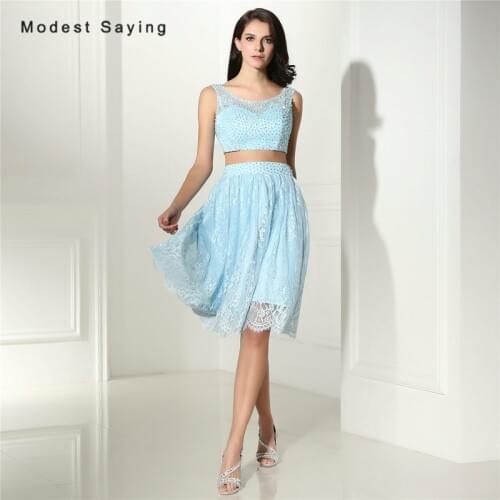 Elegant Blue A Line Lace 2 piece Homecoming Dress 2017 with Pearls and Crystal Girls Knee-Length 8th grade Graduation Prom Gowns