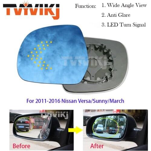 TVYVIKJ Side Rearview Blue Mirror Glass Lens For Nissan Versa Sunny March 2011-2016 Wide Angle View anti glare LED turn signal