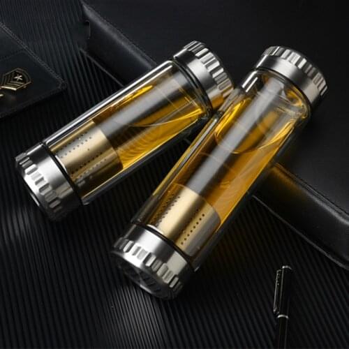 300-400ml Double Wall Water Bottle Glass Bottle With Stainless Steel Tea Infuser Filter Double Wall Glass Sport Water Tumbler