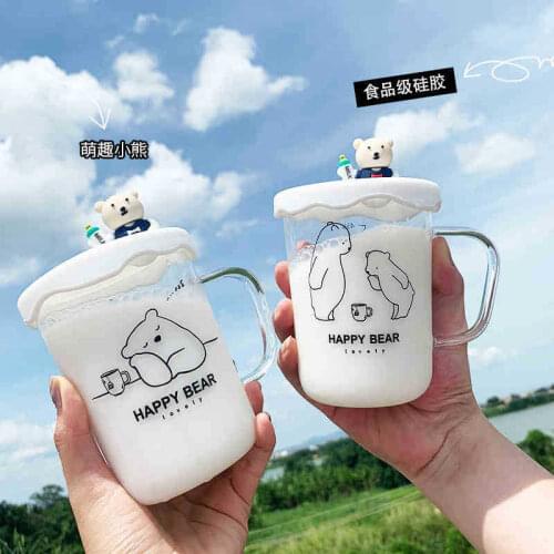 450ML Korean Cute Polar Bear Glass Transparent Mugs High Borosilicate Glass With Lid Business Office Milk Coffee Cup