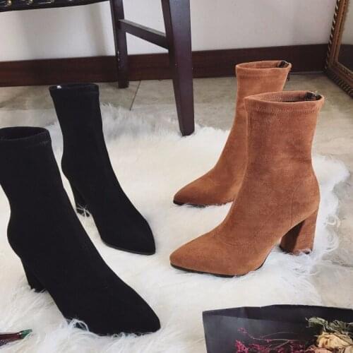 Aphixta Stiletto Boots Women Shoes Zip Stretch Fabric Female Botas Pointed Toe Mid-Calf Socks Thin High Heel Elastic High Boots