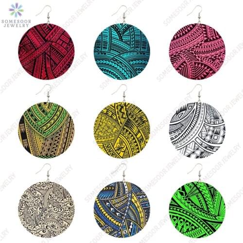 SOMESOOR Tribal Ethnic Pacific Pattern African Wooden Drop Earrings Polynesian Tattoo Art Printed Bohemian Loops For Women Gifts