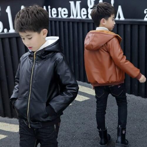 6 9 10 11 12 Years Children Boys Girl Hooded Fur Zipper Biker Leather Jacket Winter Warm Fleece Coat Children Teenager Outerwear