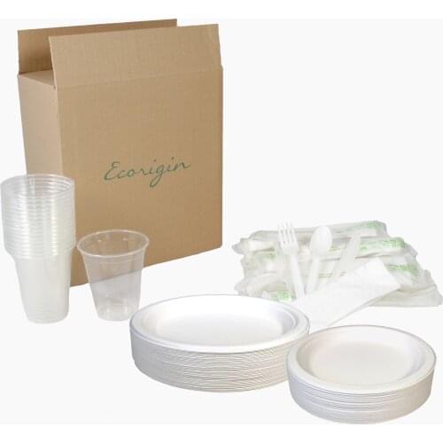 Ecorigin 200 pieces tableware for 50 people. Sugar cane. Includes: plates, glasses, cutlery Pack and napkins. Bio