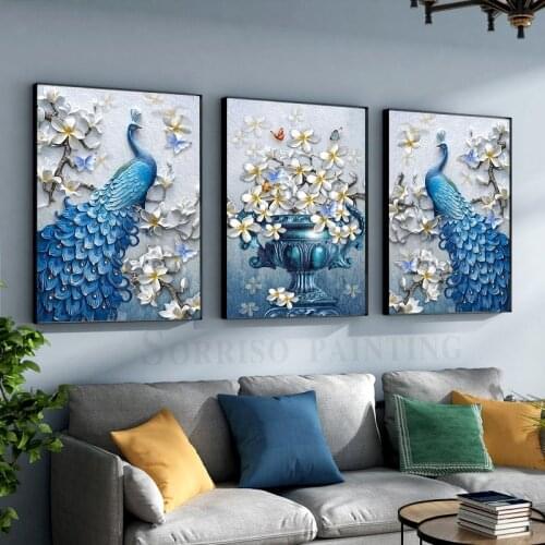 Blue Peacock Vase Canvas Painting Prints Pictures For Living Room Home Dining Decor Hallway Wall Art Bedroom Posters